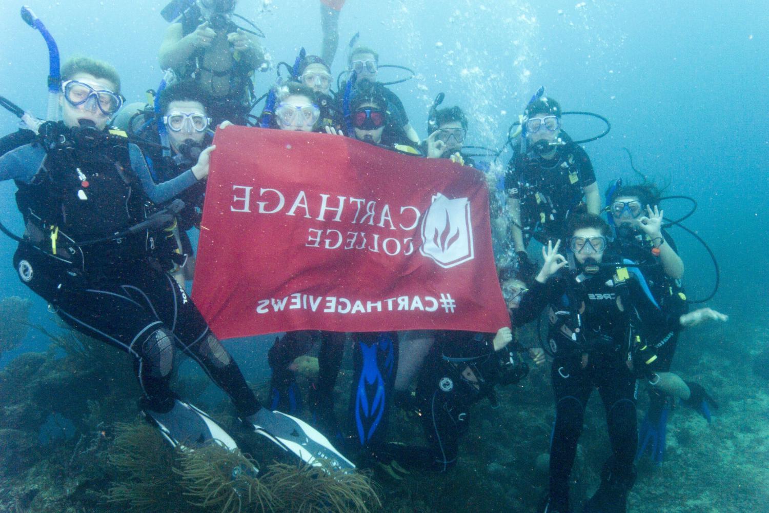 学生们手持<a href='http://sx2.4dian8.com'>bv伟德ios下载</a>旗帜，在j学期洪都拉斯游学之旅中潜水.